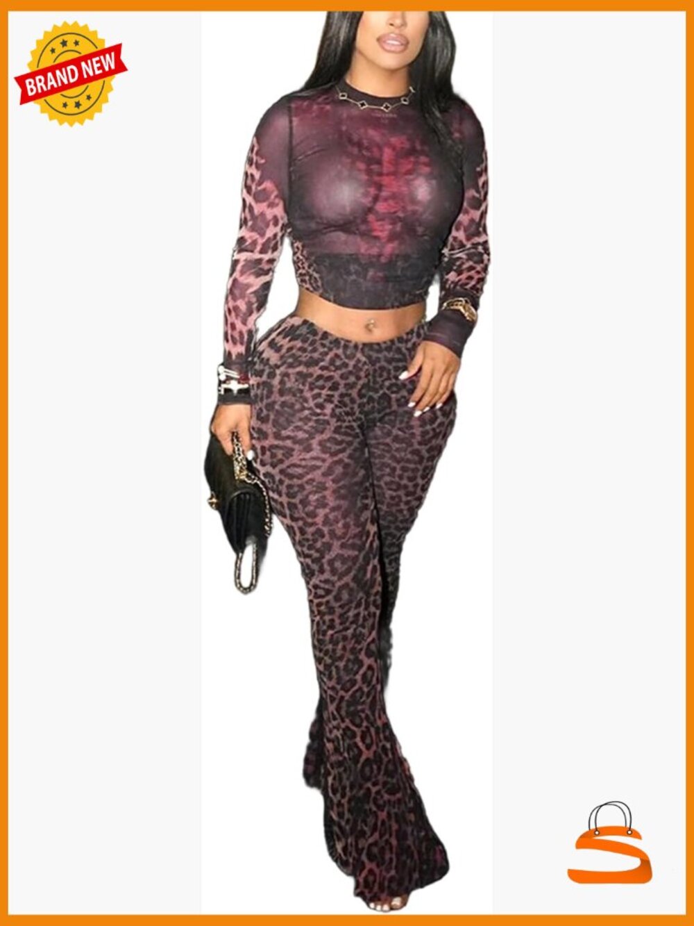 Leopard Print 2 Piece Set Mesh See Through Top Bodycon Pants Y2K Club Outfit